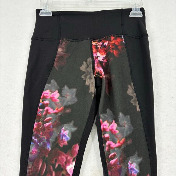 Lululemon Ankle Leggings Size 4 Black Floral Print Front Leg Panels - Picture 2 of 10